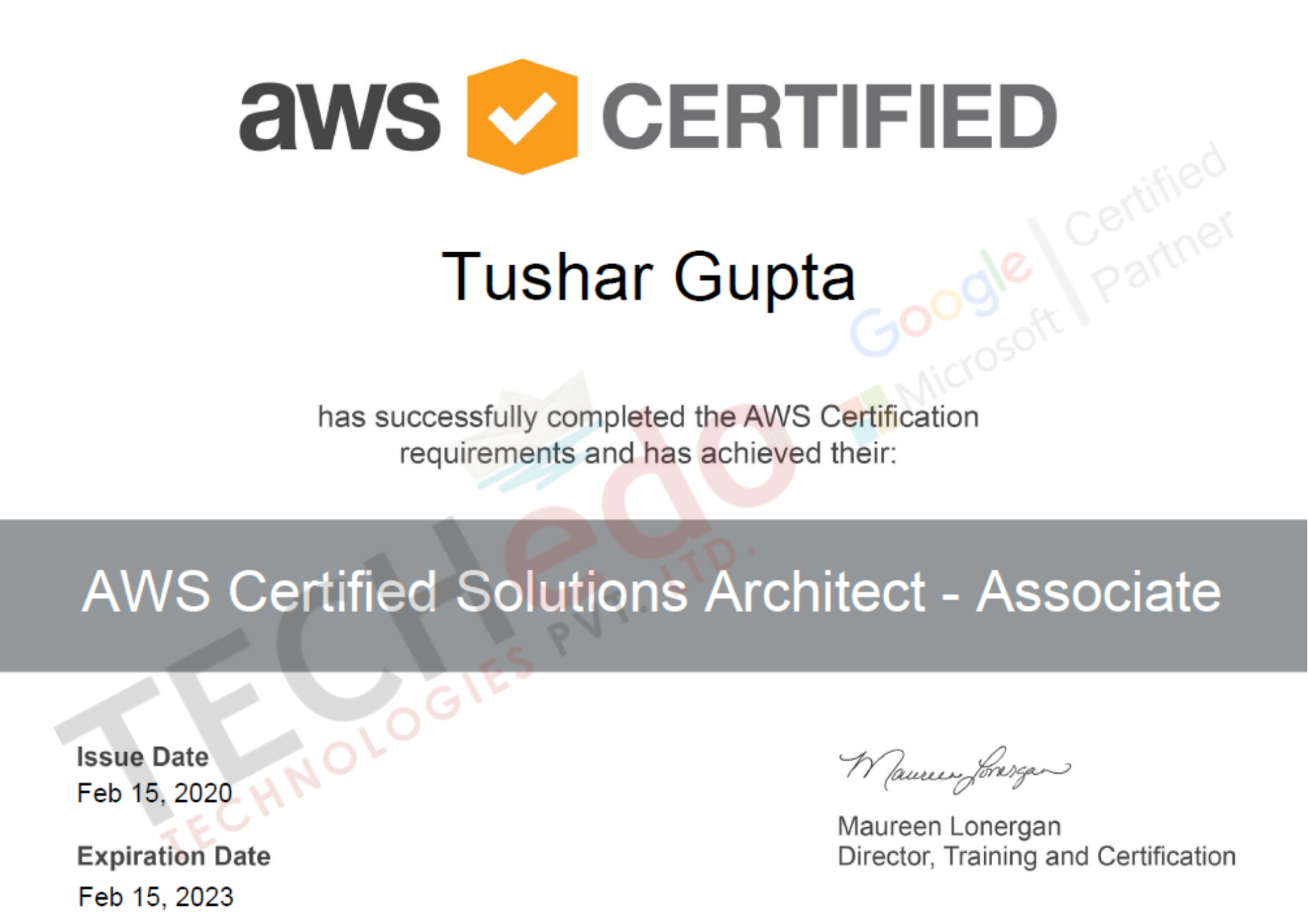 AWS Tushar Certificate
